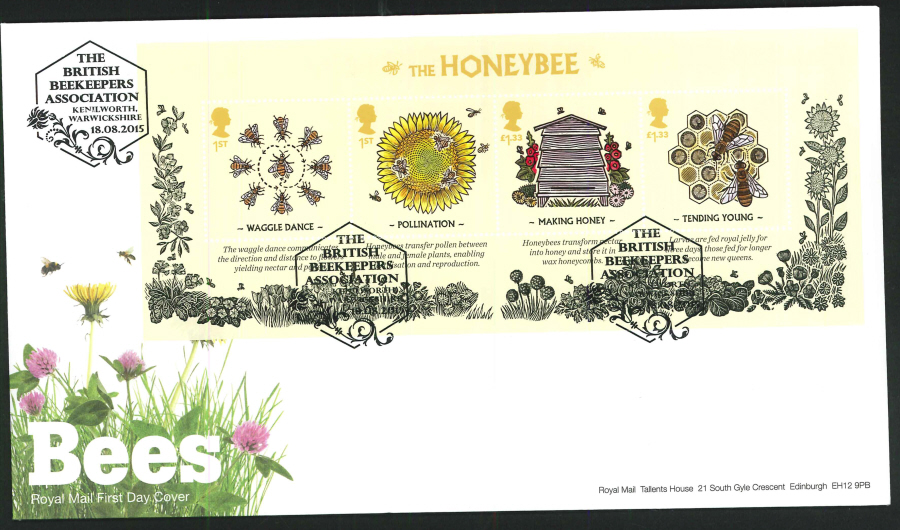 2015 Bees Miniature Sheet First Day Cover, The British Beekeepers Association / Kenilworth Postmark - Click Image to Close